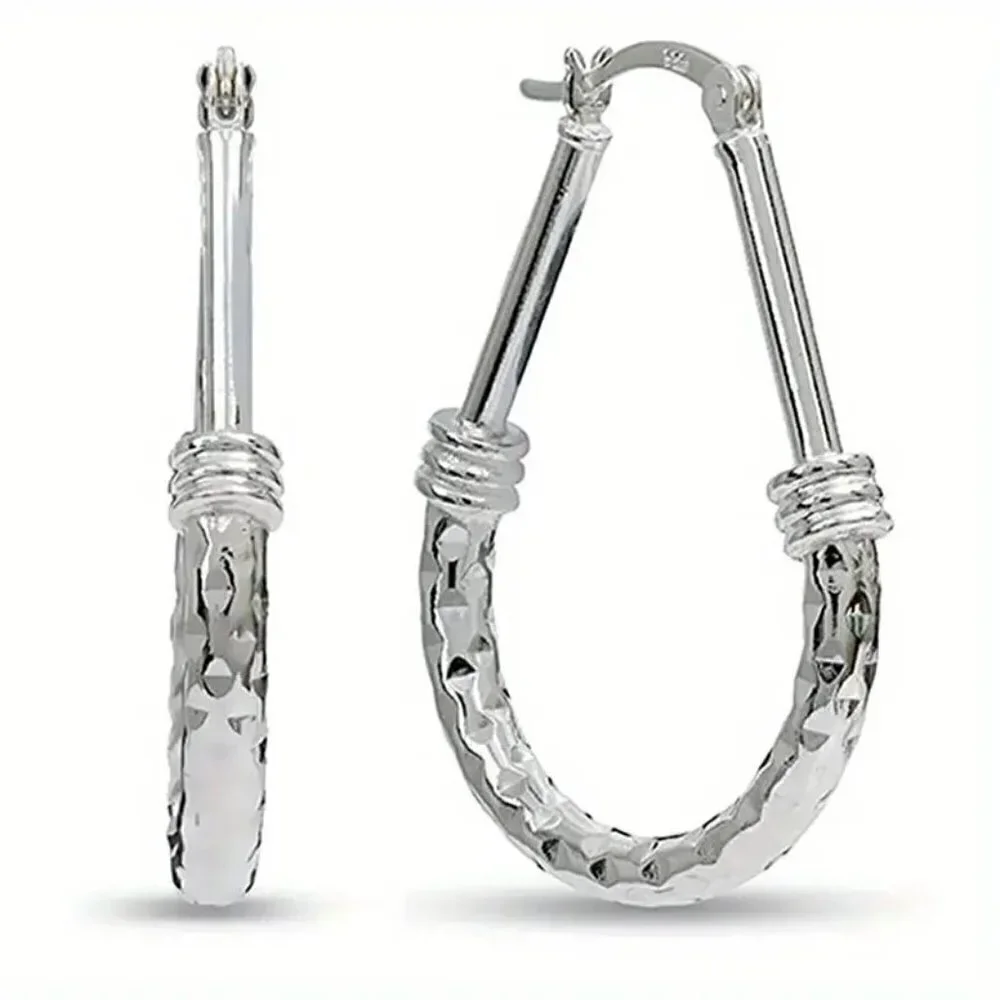 925 Sterling Silver Drop Hoop Earrings - Picture 5 of 8